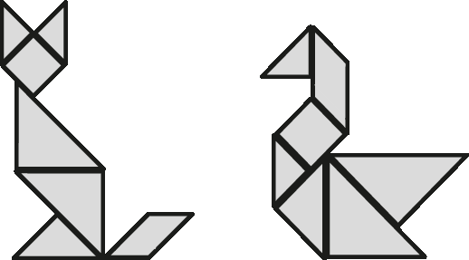 Ilustração. 
Um gato com peças do tangram. 

Ilustração. 
Uma ave virada para esquerda com peças do tangram.