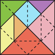 Ilustração. 
Quadrado formado por peças de Tangram, composto por dois triângulos pequenos, um médio e dois grandes, um quadrado e um paralelogramo.