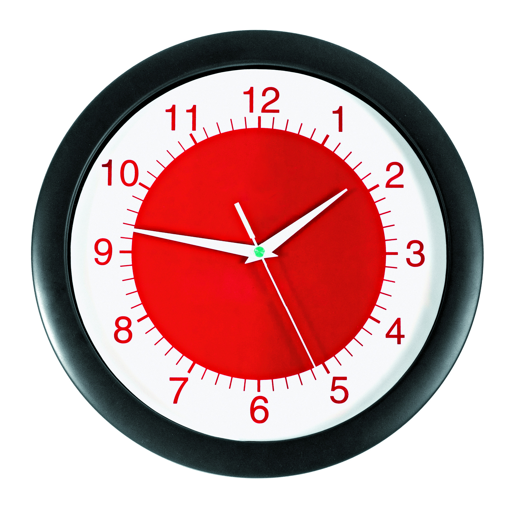 Fotografia.
Relógio de parede com bordas pretas e interior vermelho e branco.
O ponteiro menor aponta para o 2 e o maior entre o 9 e o 10.