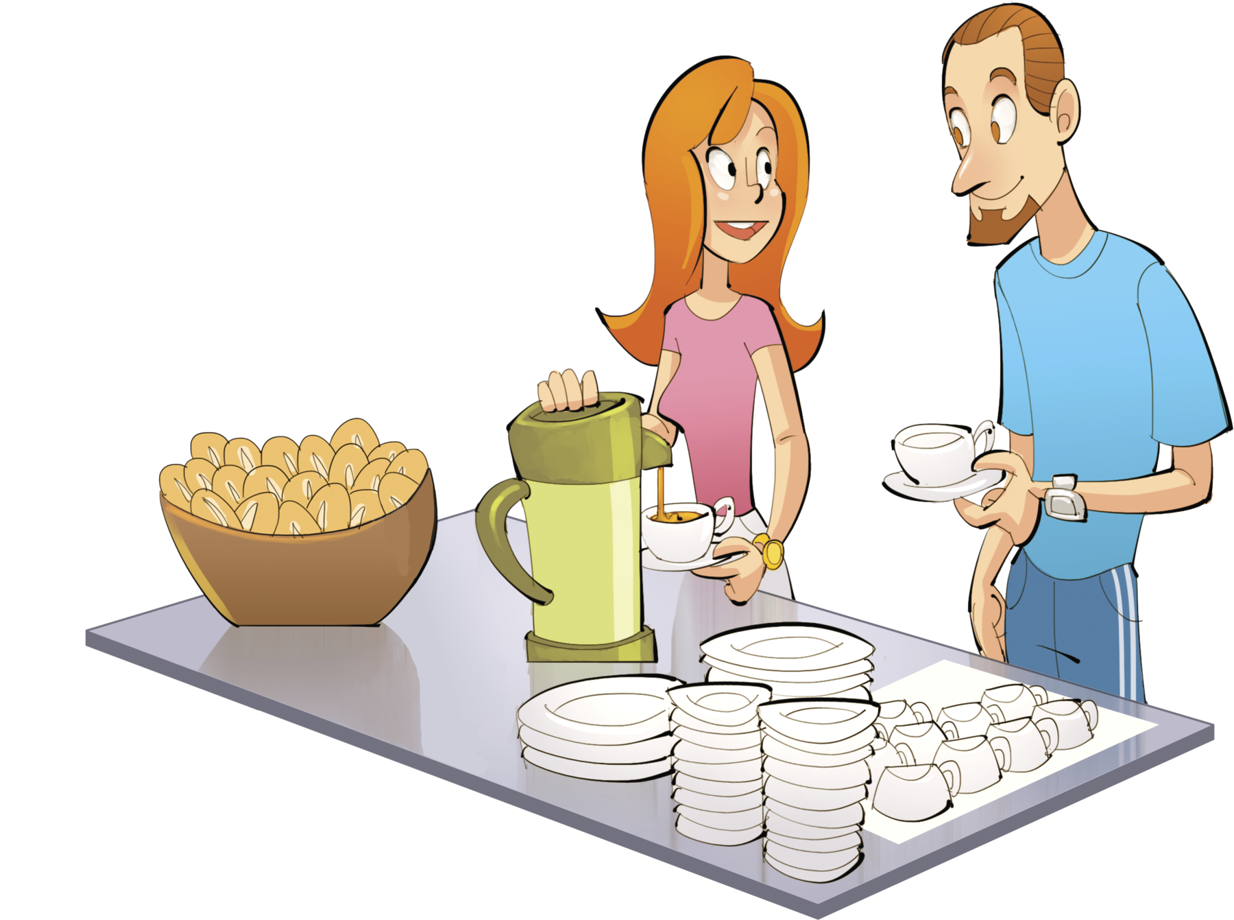Ilustração. 
1 homem e 1 uma mulher de frente para uma mesa com café, cesta com pães, pratos e xícaras. O homem segura uma xícara.