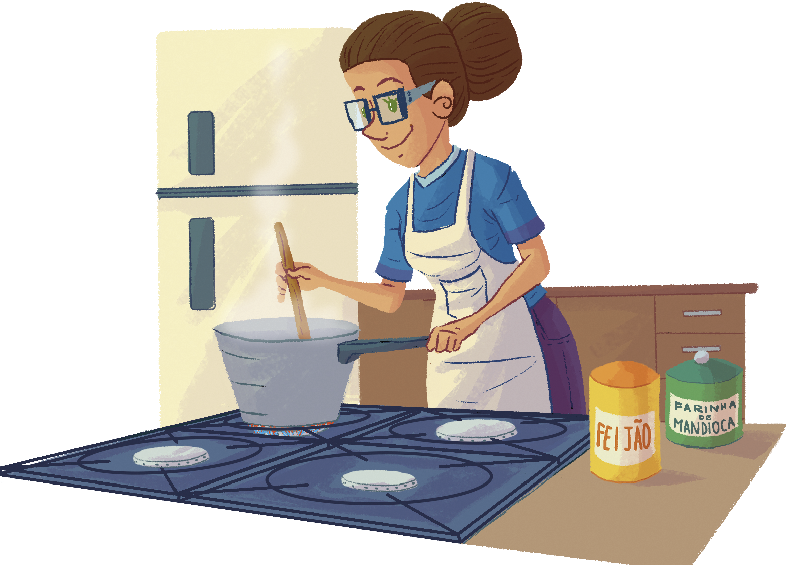Ilustração. 
Mulher de óculos, cabelo preso para trás, blusa azul e avental branco. Ela mexe uma panela no fogão. Ao lado, recipiente com feijão e farinha de mandioca.