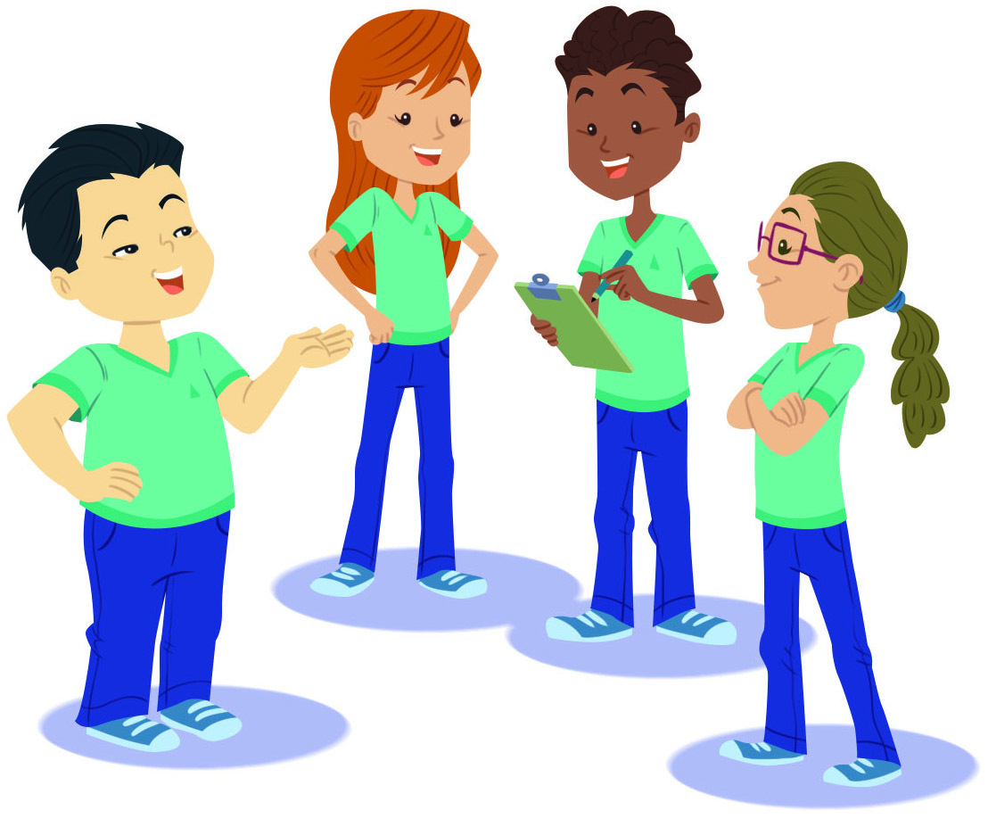Ilustração. 
Grupo com duas meninas e dois meninos uniformizados com blusa verde e calça azul. Eles estão em pé e um dos meninos segura uma prancheta.