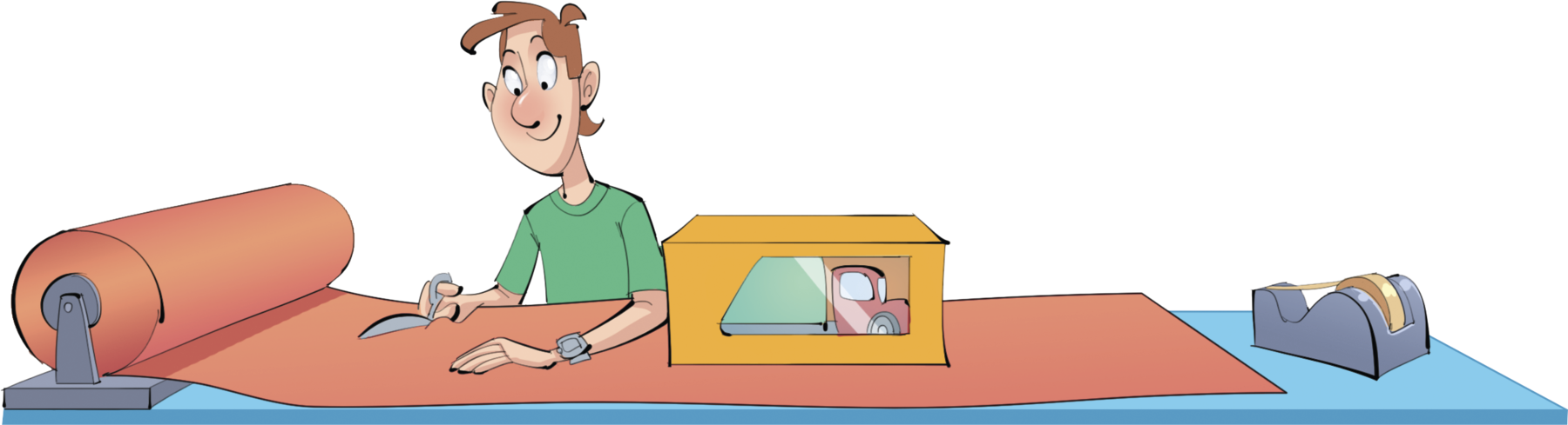 Ilustração. 
Homem de cabelo castanho e blusa verde está cortando um pedaço de papel vermelho de um rolo. 
Sobre o papel, caixa e ao lado, suporte com fita adesiva.