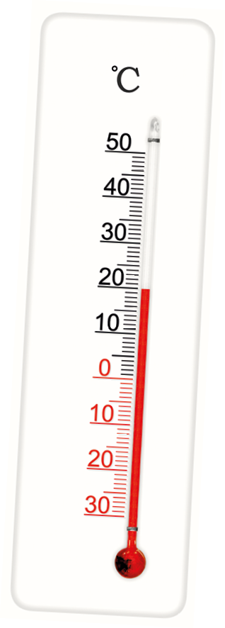 Fotografia. Termômetro com escala variando de menos 30 graus Celsius à 50 graus Celsius. O termômetro está marcando 20 graus Celsius.