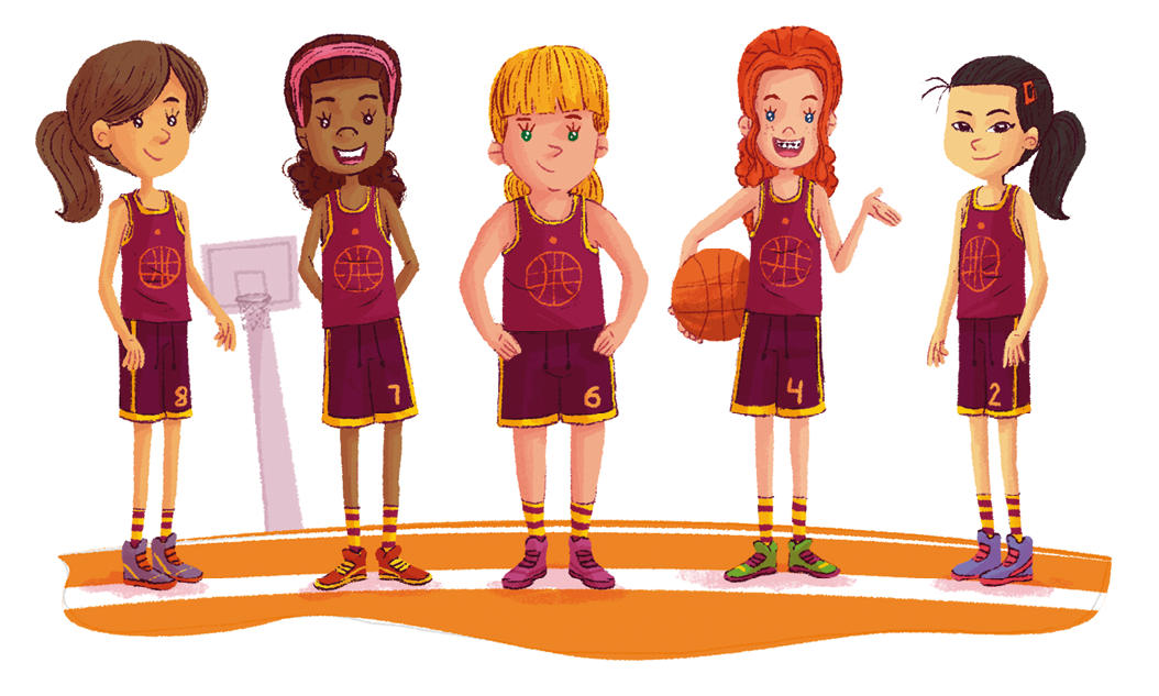 Ilustração. Cinco meninas de diferentes tipos físicos, uniformizadas, em pé uma ao lado da outra. Uma das meninas segura uma bola de basquete.