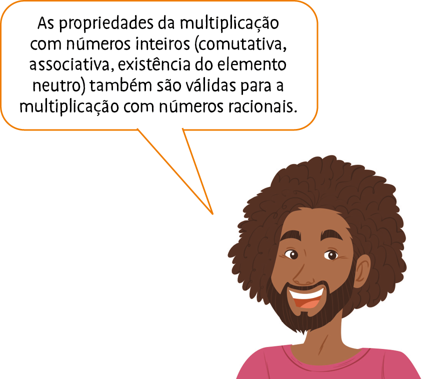 Ilustração. Homem negro, de cabelo, barba e olhos castanhos, e camiseta rosa. Ele fala: As propriedades da multiplicação com números inteiros (comutativa, associativa, existência do elemento neutro) também são válidas para a multiplicação com números racionais.