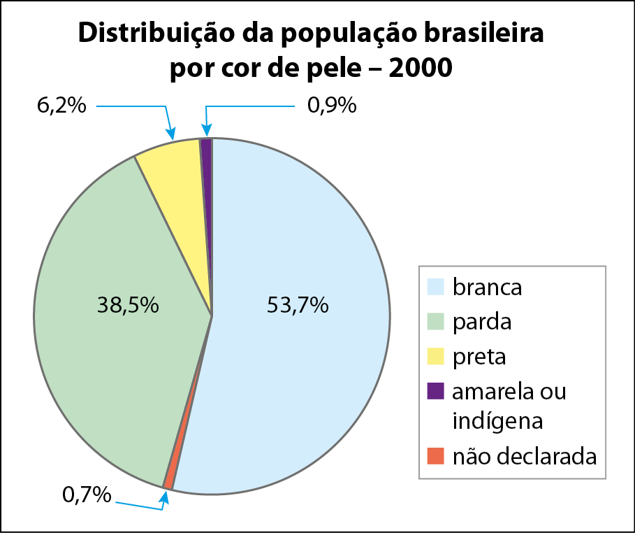 Gráfico de setores. Título: Distribuição da população brasileira por cor de pele no ano de 2000. Os dados são: Branca: 53,7%. Parda: 38,4%. Preta: 6,2%. Amarela ou indígena: 0,9%. Não declarada: 0,7%.