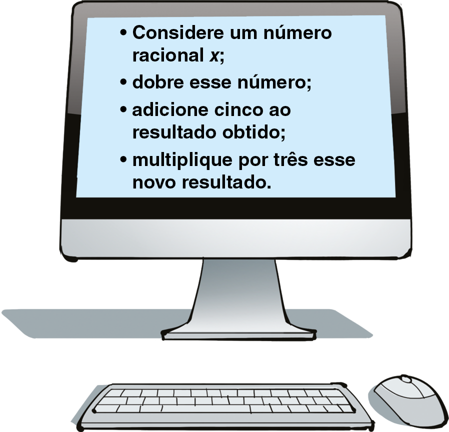Ilustração. Monitor de um computador com as informações: Considere um número racional xis; dobre esse número;  adicione cinco ao resultado obtido; multiplique por três esse novo resultado.