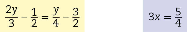 Ilustração. Fichas coloridas com expressões algébricas.  Ficha amarela: 2y sobre 3, menos 1 sobre 2, é igual a y sobre 4, menos 3 sobre 2. Ficha azul: 3x é igual a 5 sobre 4.