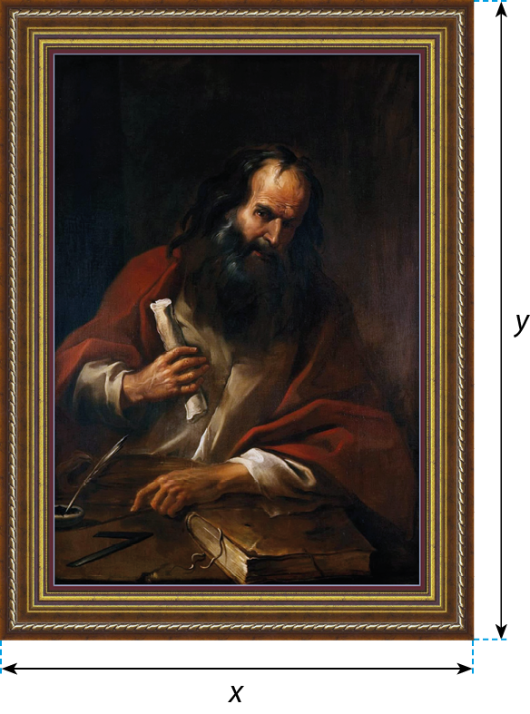 Pintura. Homem de cabelo longo, preto e barba preta usa roupa clara com casaco vermelho. Com uma das mãos ele segura um papel enrolado e a outra mão está sobre um livro que está apoiado em uma mesa a frente do homem.
