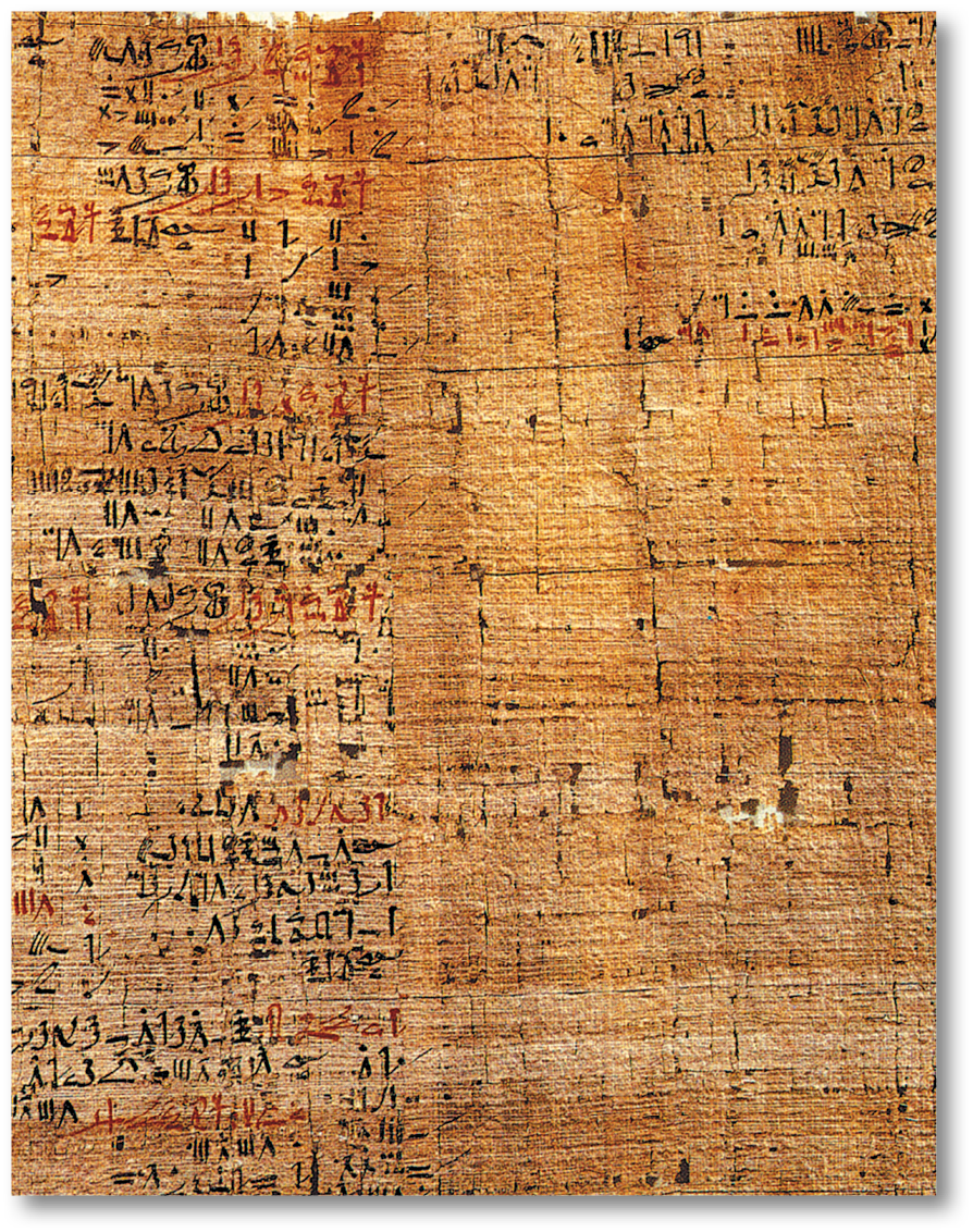 Fotografia. Papiro retangular antigo com diversos hieróglifos.