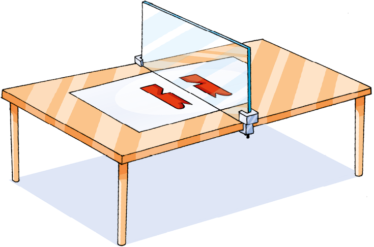 Ilustração. Mesa com uma folha com desenho vermelho. Sobre a folha, há um espelho perpendicular a mesa que reflete a mesma imagem vermelha do papel.