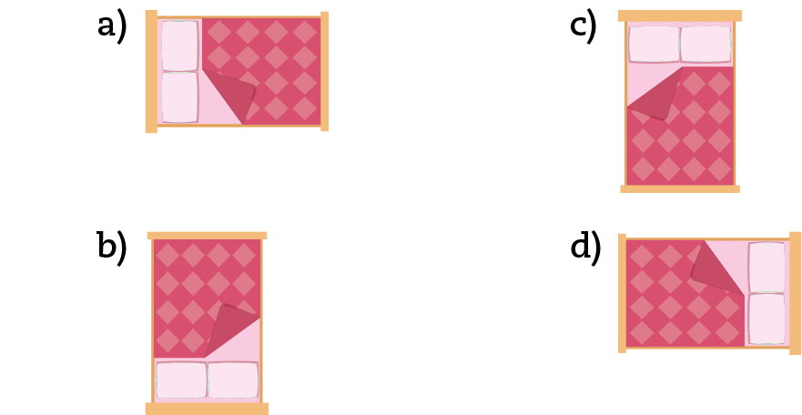 a) Ilustração. Vista superior de uma cama na horizontal (pé da cama no lado direito) com dois travesseiros e colcha vermelha. O lado esquerdo da colcha está levantada. b) Ilustração. Vista superior de uma cama na vertical (pé da cama para cima) com dois travesseiros e colcha vermelha. O lado esquerdo da colcha está levantada. c) Ilustração. Vista superior de uma cama na vertical (pé da cama para baixo) com dois travesseiros e colcha vermelha. O lado esquerdo da colcha está levantada. d) Ilustração. Vista superior de uma cama na horizontal (pé da cama no lado esquerdo) com dois travesseiros e colcha vermelha. O lado esquerdo da colcha está levantada.