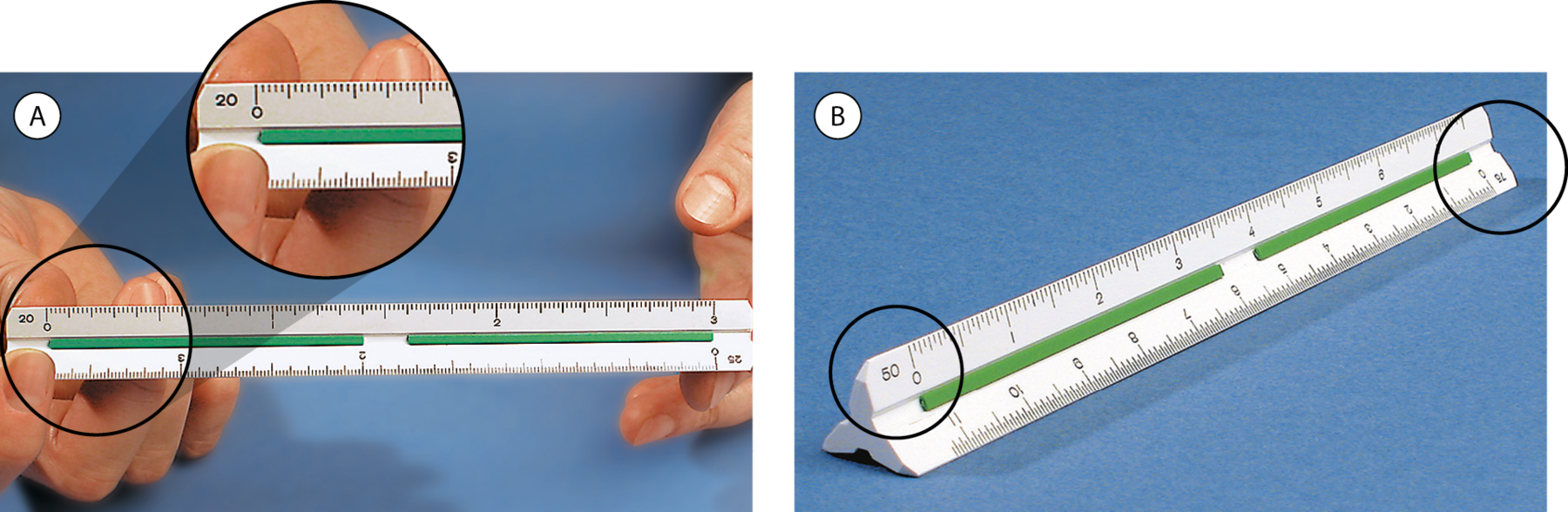 Fotografias.  A. Escalímetro, instrumento graduado com medidas em formato triangular.  B. Destaque para as extremidades do escalímetro.