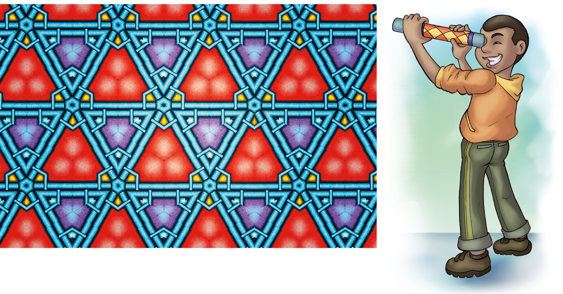 Ilustração. Triângulos vermelhos e roxos intercalados. Na junção dos triângulos, um hexágono pequeno. Ao lado, homem de cabelo curto, camisa laranja e calça verde olha a imagem em um caleidoscópio, objeto que lembra uma luneta.