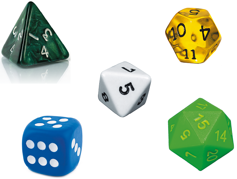 Fotografia. 5 dados diferentes para jogar RPG. Dado 1 é um tetraedro, dado 2 é um hexaedro, dado 3 é um octaedro, dado 4 é um dodecaedro, e o dado 5 é um icosaedro.