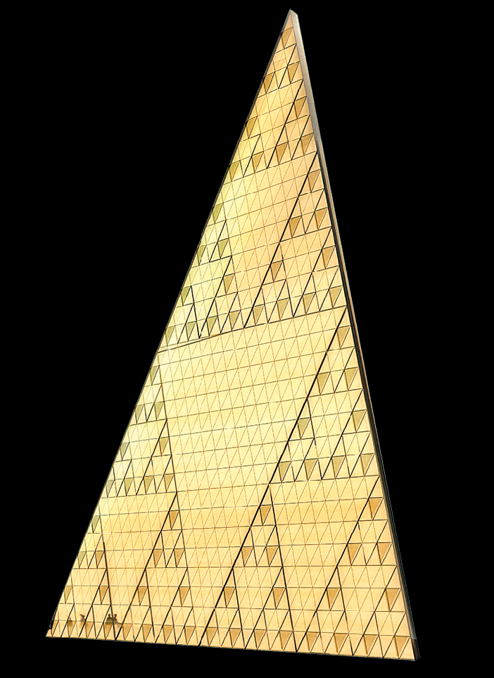 Fotografia. Recorte da representação gráfica da fachada de um museu em formato de triângulos grandes amarelos com outros menores dentro.