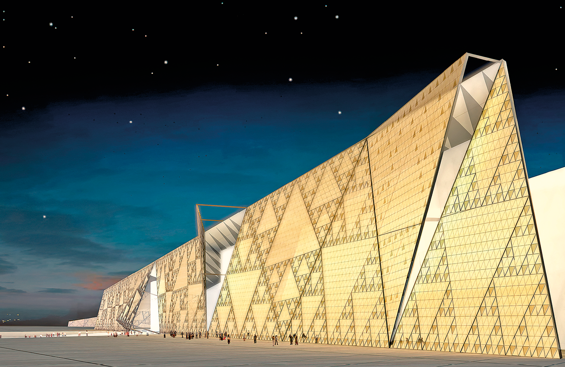 Fotografia. Representação gráfica da fachada de um museu em formato de triângulos grandes amarelos com outros menores dentro.