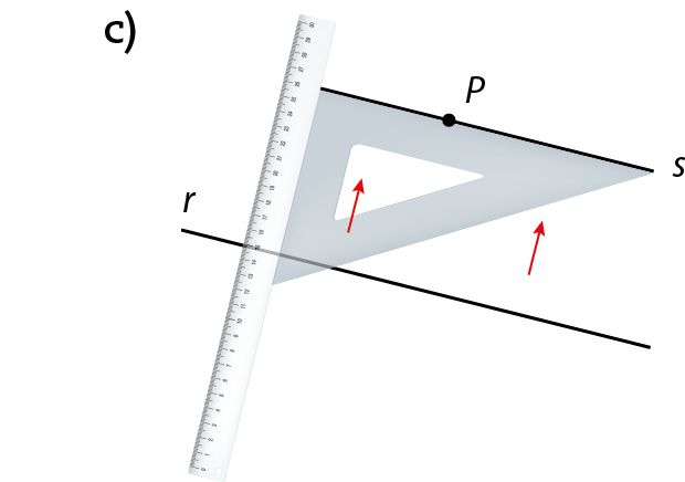 Ilustração. Reta diagonal r. Acima, ponto P. Régua apoiada enquanto esquadro desliza apoiado nela, mantendo o ângulo reto entre a régua e um dos lados do esquadro.  No ponto P, traça reta s.