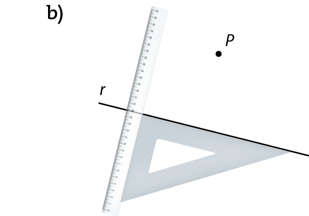 Ilustração. Reta diagonal r. Acima, ponto P. Esquadro abaixo da reta r apoiado em um dos lados perpendiculares, e no outro apoiada a régua.