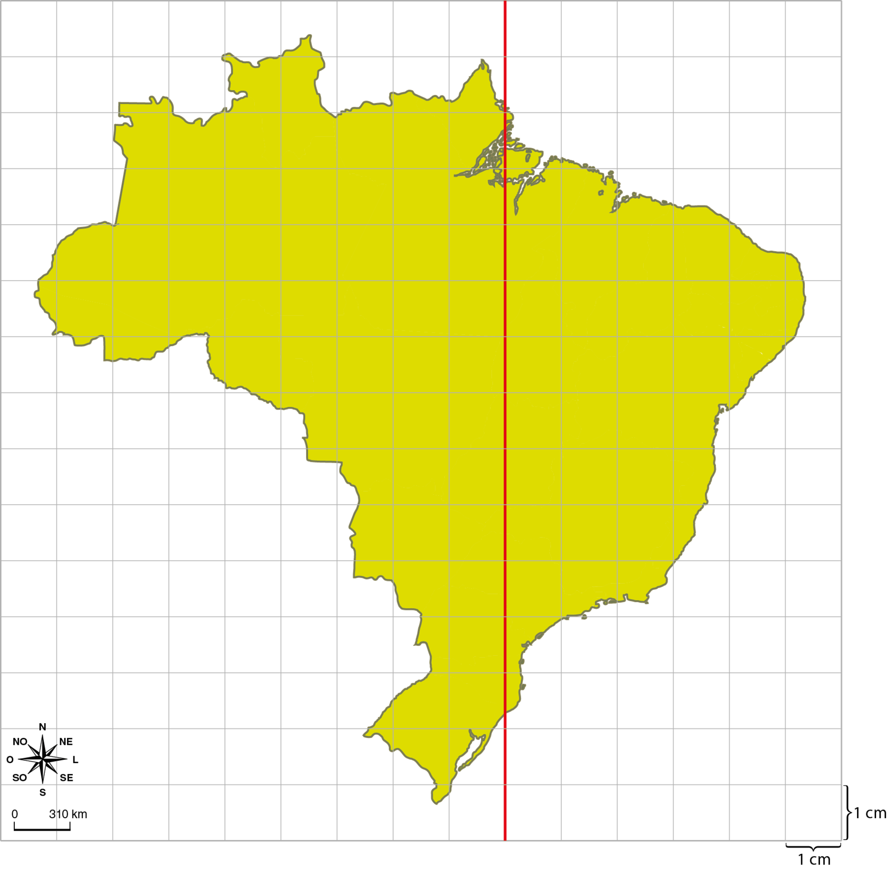 Ilustração. Malha quadriculada dividida em 15 linhas e 15 colunas. Sobre a malha, mapa do Brasil. Linha vermelha vertical de uma extremidade a outra da malha, entre a nona e a décima coluna. Cada quadradinho mede 1 centímetro por 1 centímetro. No canto inferior esquerdo, rosa dos ventos e escala de 0 a 310 quilômetros.