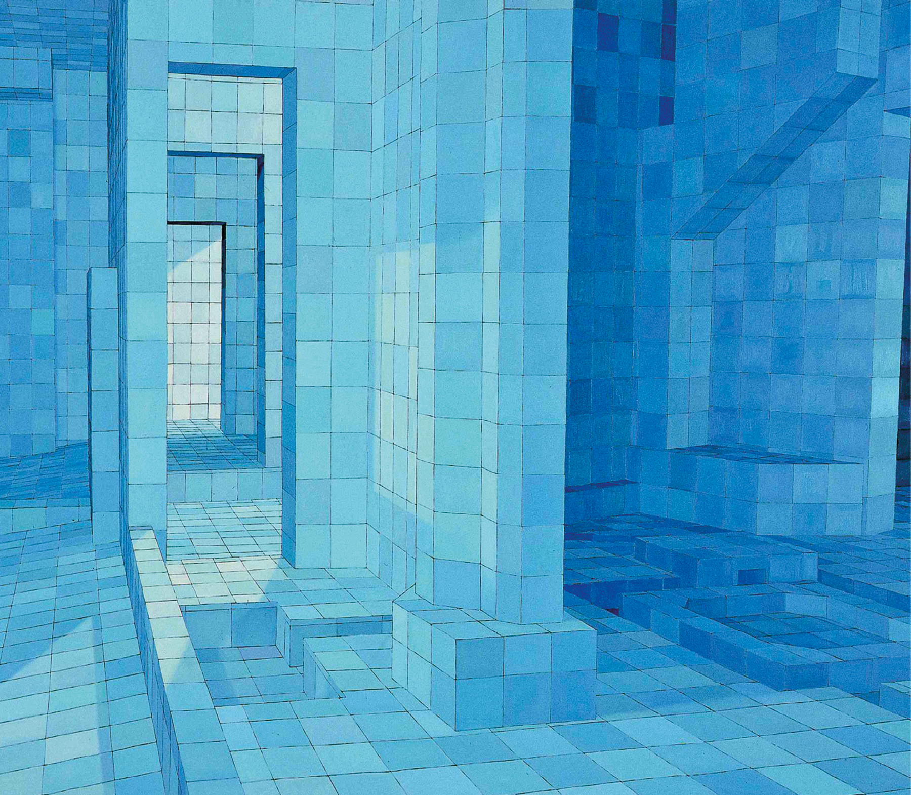 Pintura. Interior de um ambiente, parecido com uma sauna, composto por azulejos azuis, com recortes, nas paredes e no chão, para formação de bancos e degraus. Utilizando formas de polígonos e de poliedros, no centro da imagem há uma pilastra vertical e, à sua esquerda, há um corredor que leva para outras salas do ambiente. Ocorre a representação de contrastes através da aplicação de luz e sombra, utilizando para isso azulejos com diversos tons de azul.