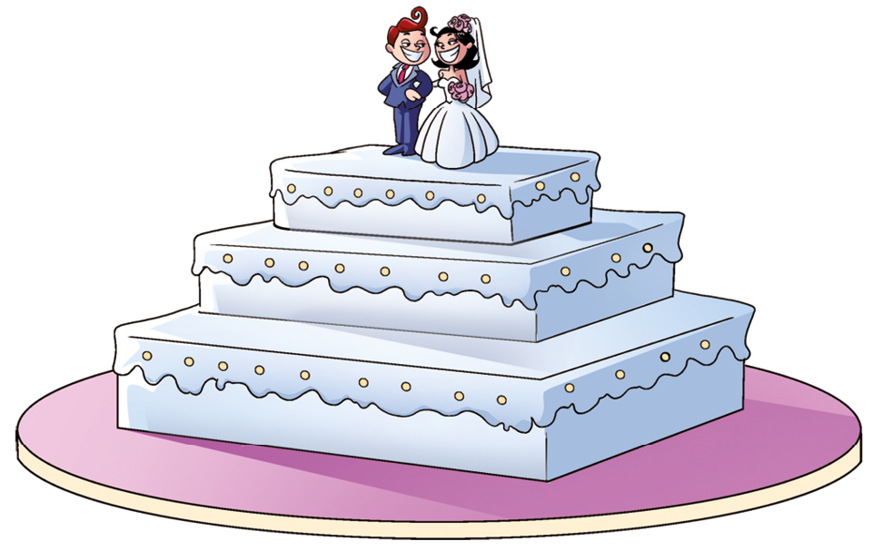 Ilustração. Bolo de casamento em três camadas, sendo que cada camada tem o formato de um paralelepípedo e as camadas aumentam de tamanho do topo para a base do bolo. No topo do bolo, há dois bonecos de casal de noivos.