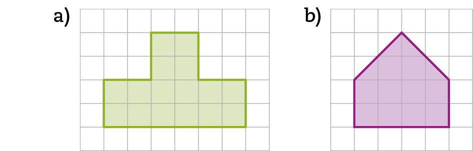 Item a. Ilustração. Malha quadriculada com figura verde composta por duas fileiras com seis quadradinhos cada e, acima centralizadas, mais duas fileiras com quatro quadradinhos. Item b. Ilustração. Malha quadriculada com figura roxa com formato semelhante a um lápis apontado, composta por: duas fileiras com cinco quadradinhos cada; acima, uma fileira com dois quadradinhos; e quatro metades de quadradinho.