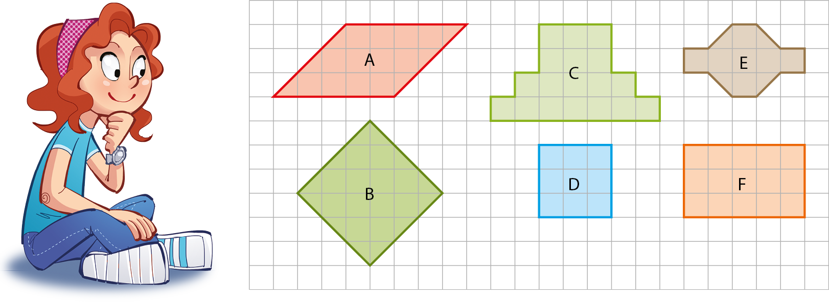 Ilustração. Menina branca de cabelo ruivo com uma faixa rosa, camiseta azul e calça. Ela está sentada no chão, com a mão esquerda no queixo, e olha para uma malha quadriculada ao lado com as seguintes figuras:

Figura A: paralelogramo vermelho, com lados equivalentes a: 5 quadradinhos e 3 diagonais de um quadradinho. 

Figura B: losango vertical verde, com cada lado equivalente a 3 diagonais de um quadradinho. 

Figura C: figura em verde claro, composta por uma fileira com 7 quadradinhos; acima, uma fileira com 5 quadradinhos; e, acima, duas fileiras com 3 quadradinhos cada. 

Figura D: quadrado azul com cada lado equivalente a 3 quadradinhos.

Figura E: figura em marrom, composta por um hexágono de lado medindo 1 quadradinho e por dois quadradinhos, um à esquerda e um à direita do hexágono.

Figura F: retângulo laranja com lados medindo 3 por 5 quadradinhos.