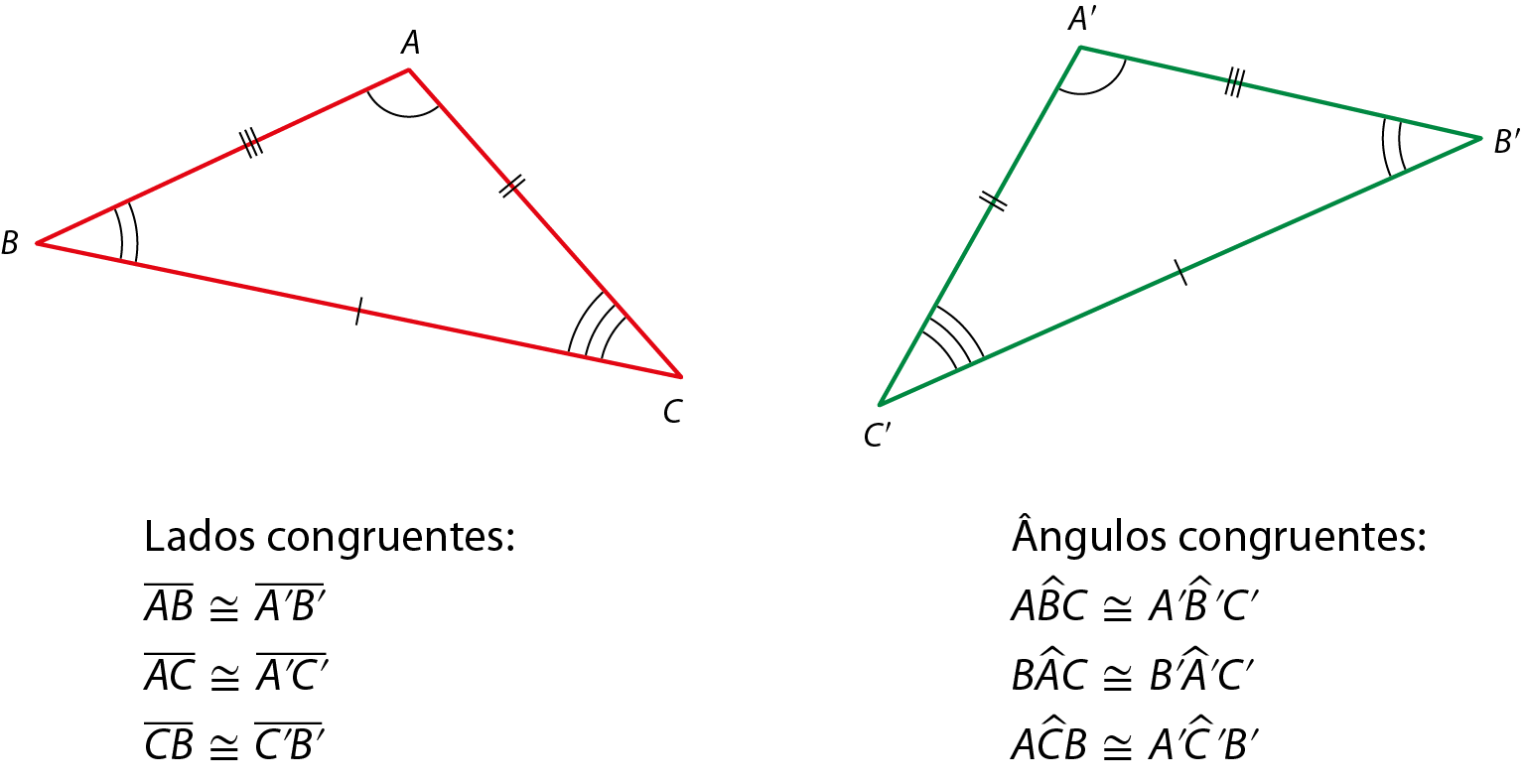 Ilustração. Dois triângulos um do lado do outro. 
Triângulo ABC com lados de medidas diferentes e ângulos de medidas diferentes. 
Triângulo A linha B linha C linha com lados de medidas diferentes e ângulos de medidas diferentes. 
Os triângulos são congruentes. 
Abaixo está escrito: 
Lados congruentes: segmento de reta AB é congruente ao segmento de reta A linha B linha; segmento de reta AC é congruente ao segmento de reta A linha C linha; segmento de reta CB é congruente ao segmento de reta C linha B linha.
Ângulos congruentes: ângulo ABC é congruente ao ângulo A linha B linha C linha; ângulo BAC é congruente ao ângulo B linha, A linha, C linha; ângulo ACB é congruente ao ângulo A linha, C linha, B linha.