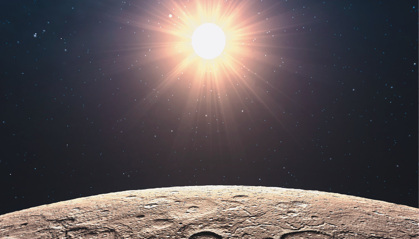 Fotografia. Vista da superfície do planeta Mercúrio. Ao fundo, sol iluminado.