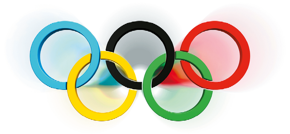 Ilustração. Aros olímpicos nas cores: azul, amarelo, preto, verde e vermelho. Eles estão entrelaçados.