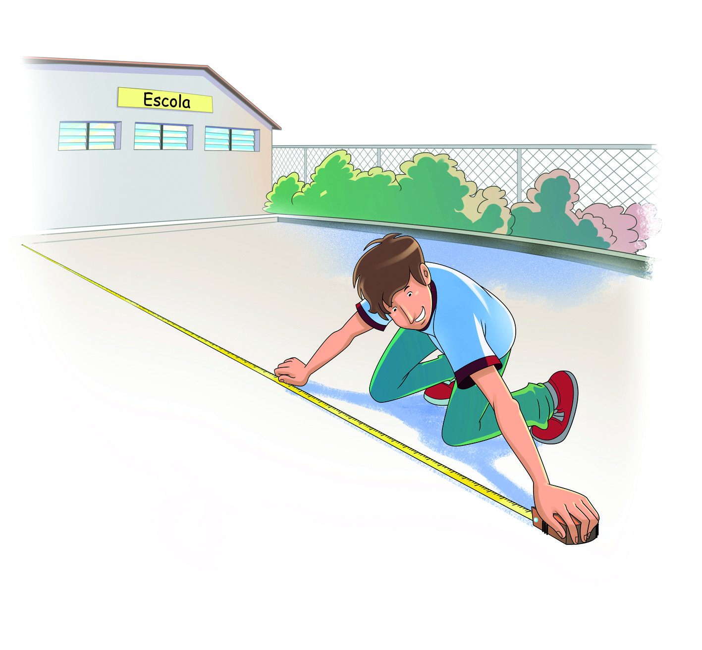 Ilustração. Rapaz de cabelo castanho, blusa azul e calça verde mede um comprimento no chão. Ele utiliza uma trena.