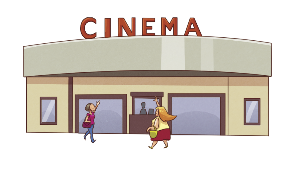 Ilustração. Vista da entrada de um cinema com duas pessoas próximas a porta de entrada.