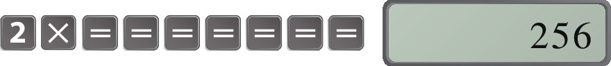Ilustração. À esquerda, as seguintes teclas da calculadora, da esquerda para a direita: 2, vezes, igual, igual, igual, igual, igual, igual, igual. À direita, o visor da calculadora exibe o número 256.