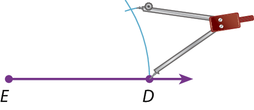 Ilustração. Semirreta ED, com origem no ponto E, passando por um ponto D. A ponta-seca de um compasso aberto está sobre o ponto D. A outra ponta do compasso, com medida AB, está sobre o arco desenhado e marca, sobre ele, um ponto F.