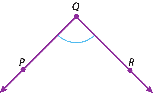 Ilustração. Ângulo obtuso PQR, menor que o ângulo MNP, formado pelas semirretas QP e QR, com origem no ponto Q.