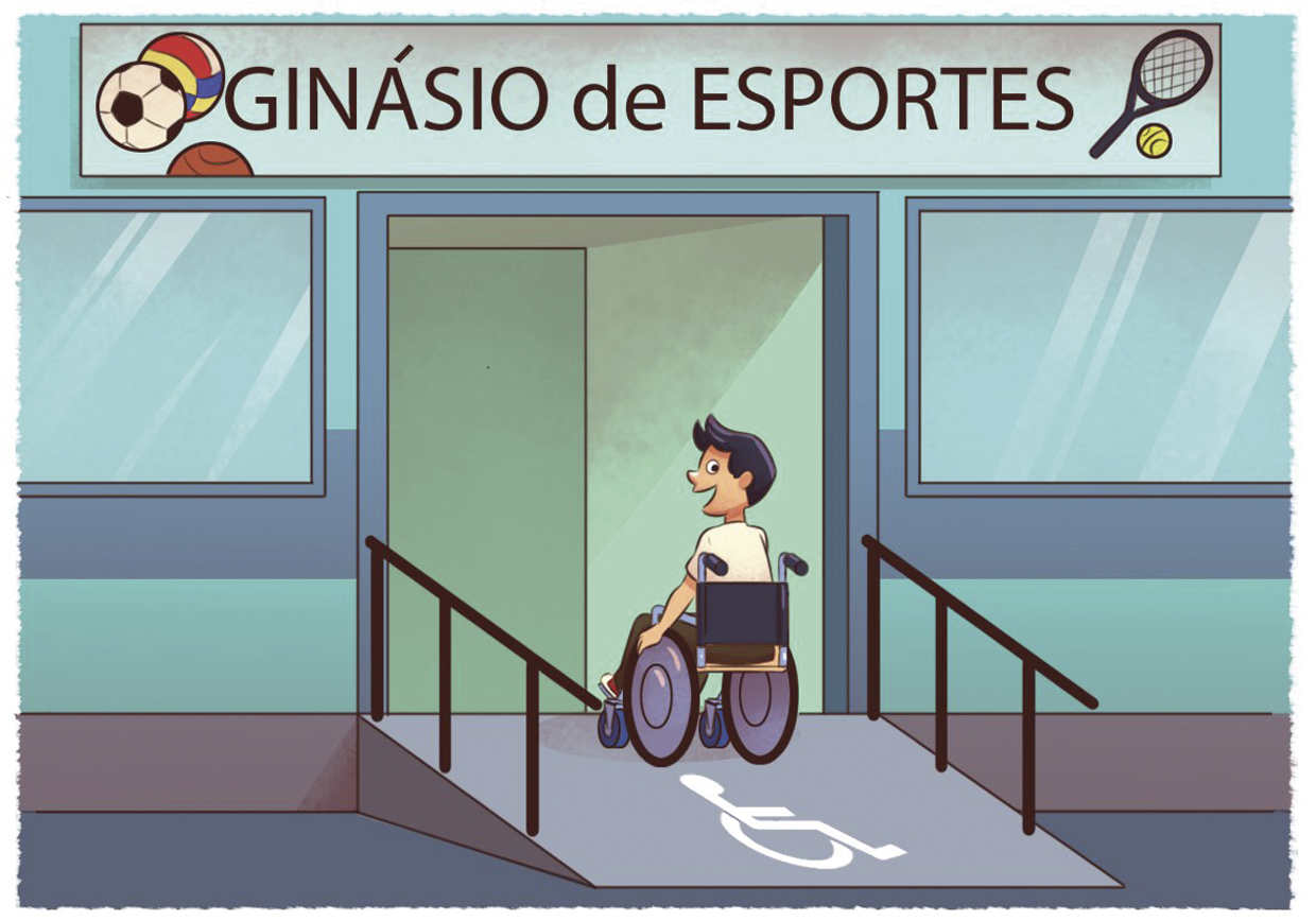 Ilustração. Rapaz sobe rampa, em uma cadeira de rodas, em direção à porta do GINÁSIO DE ESPORTES.