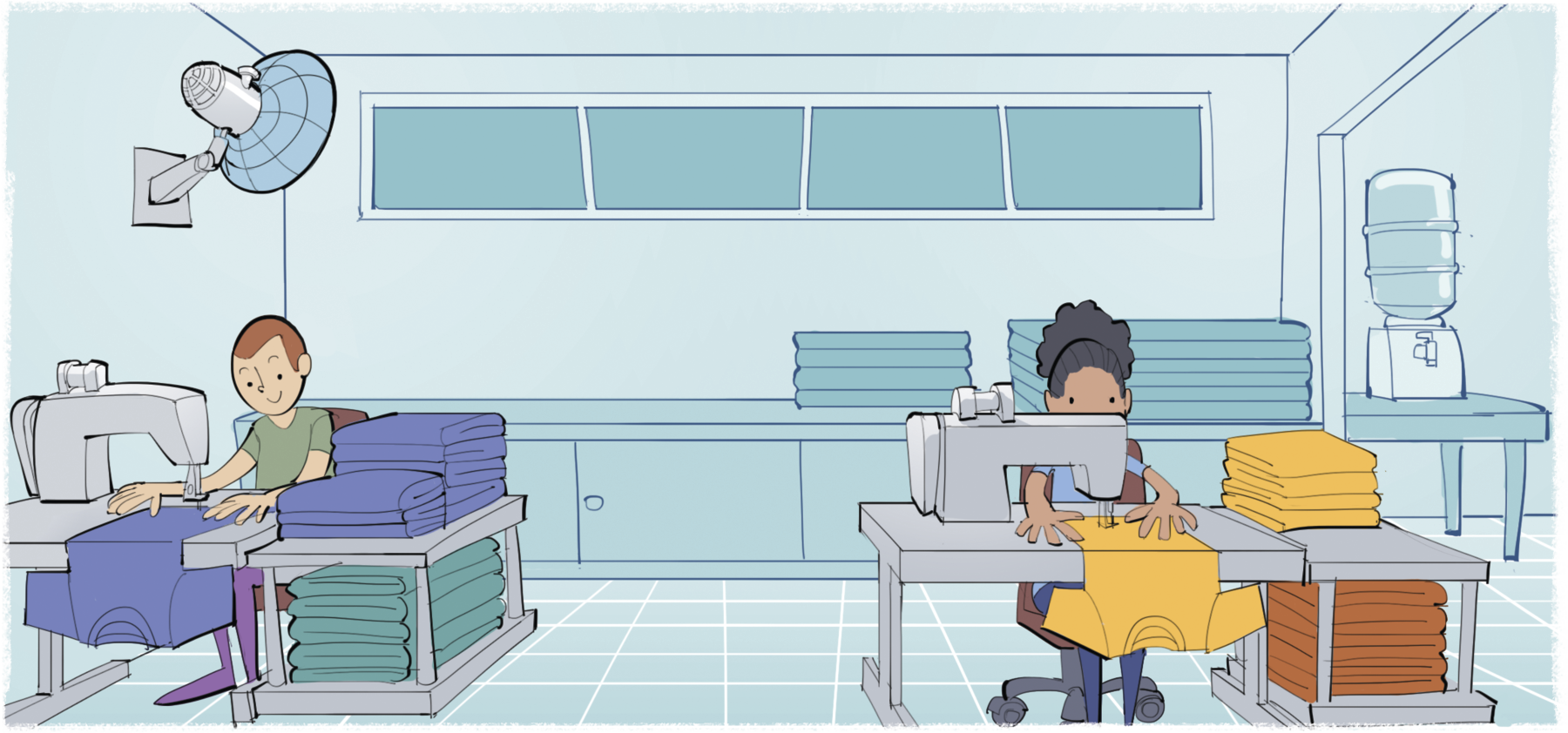 Ilustração. À esquerda, homem sentado à frente de uma máquina de costura. Ele costura camisetas azuis e verdes. À direita, mulher sentada à frente de uma máquina de costura. Ela costura camisetas amarelas e laranjas. Ao fundo, móvel com tecidos, um bebedouro e ventilador no teto.