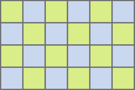 Ilustração. Retângulo dividido em 4 linhas e 6 colunas de quadradinhos amarelos e azuis intercalados.
