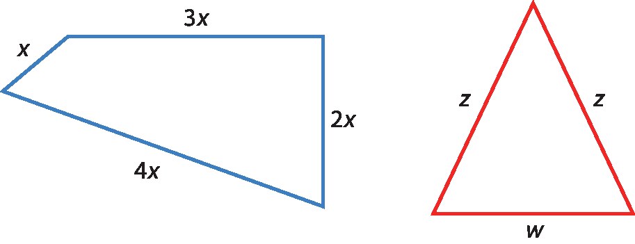 Ilustração. Quadrilátero com medidas: x, 4x, 2x e 3x.  Ilustração. Triângulo com medidas: w, z, z.