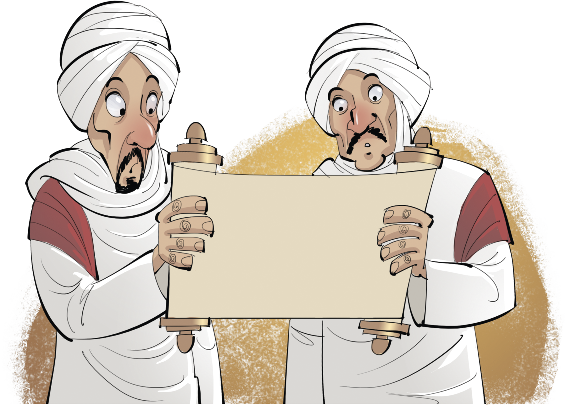 Ilustração. Dois homens de turbantes e roupa branca seguram um papel desenrolado.