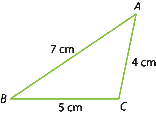 Ilustração.  Triângulo ABC.  As medidas são:  segmento AB: 7 centímetros.  segmento BC: 5 centímetros.  segmento AC: 4 centímetros.