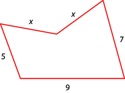 Ilustração. 
Polígono de 5 lados com as medidas: x, x, 7, 9, 5.
