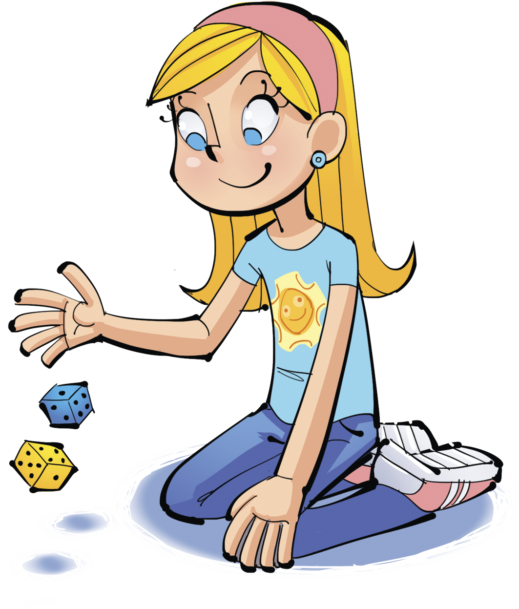 Ilustração. Menina loira de camiseta azul. Ela está ajoelhada no chão e joga 2 dados um azul e um amarelo.