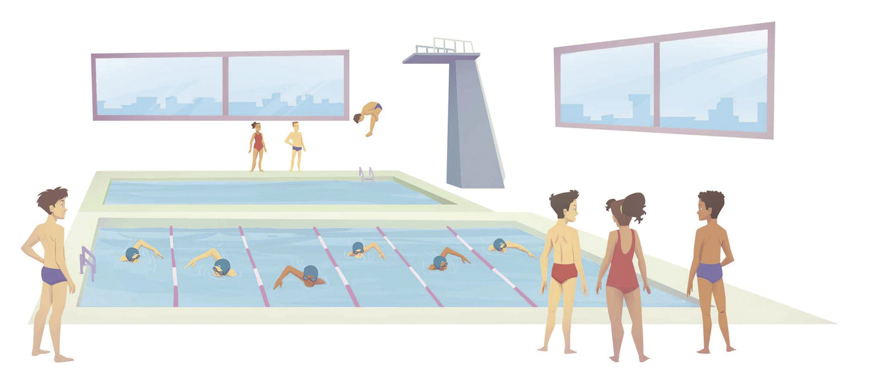Ilustração. À esquerda, menino de sunga. À direita, dois meninos de sunga e uma menina de maiô. Todos estão em pé na frente de uma piscina com raias. Dentro da piscina, pessoas nadando. Ao fundo, mais pessoas em pé e outra piscina com um trampolim.