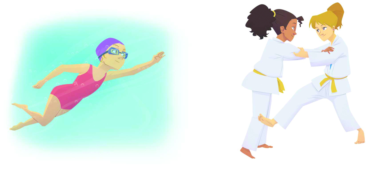 Ilustração. Menina de touca, óculos e maiô nadando embaixo da água.   Ilustração. Duas meninas de quimono praticando judô.