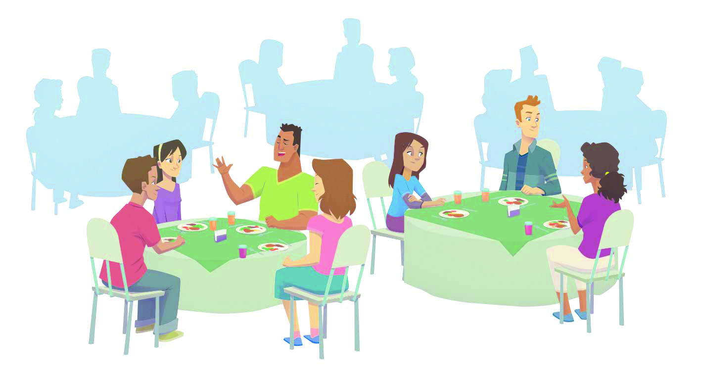 Ilustração. À esquerda, mesa com quatro pessoas sentadas. À direita, mesa com três pessoas sentadas. Ao fundo, mesas com pessoas sentadas.
