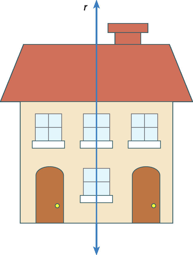 Ilustração. Casa na cor creme, com telhado na cor vermelha, duas portas iguais na cor marrom, 4 janelas iguais, três em cima e um entre as duas portas, e uma chaminé do lado direito do telhado. No centro da casa, reta vertical r.