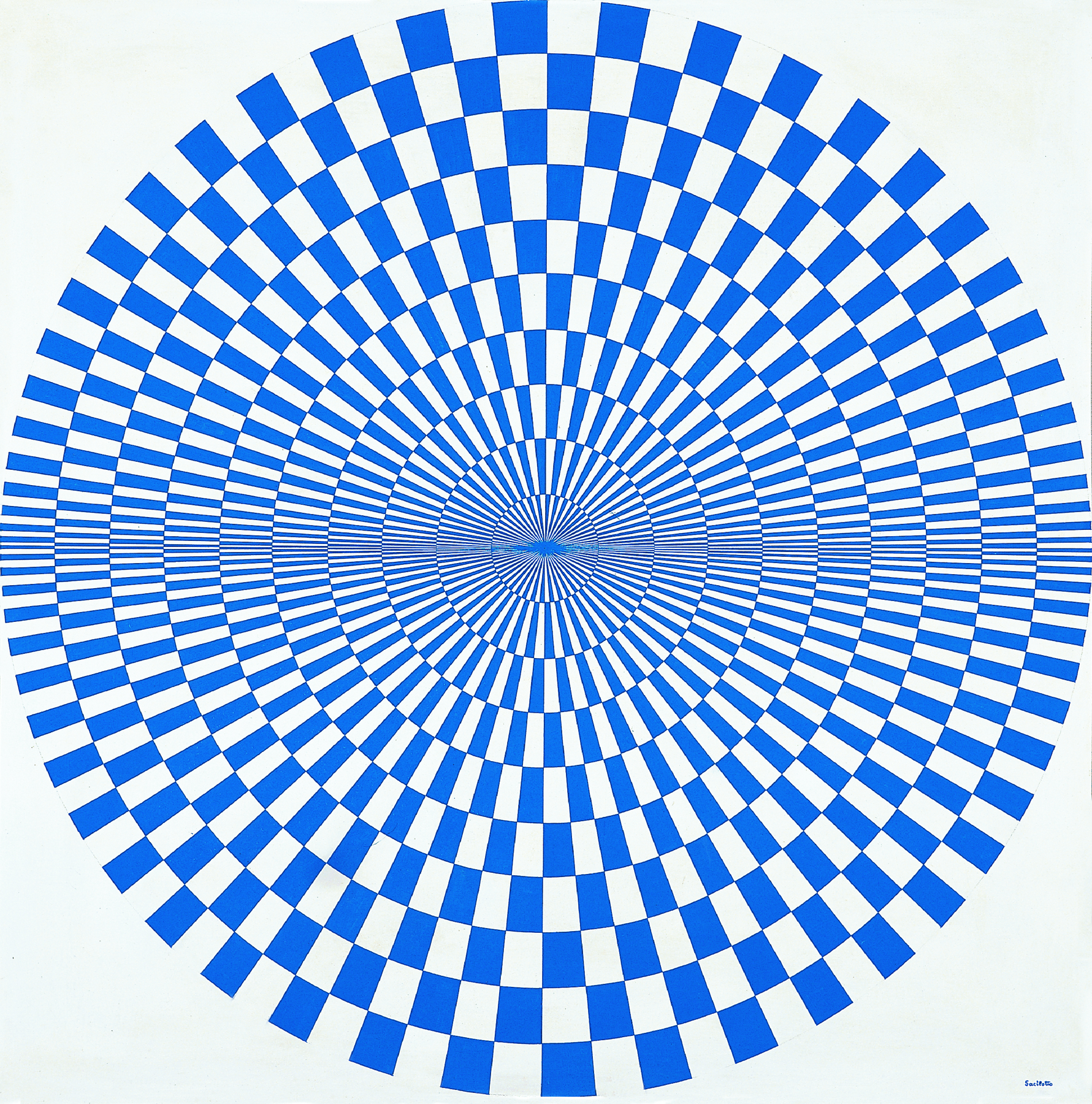 Pintura. Sobre um fundo branco, setores circulares compostos por figuras geométricas intercaladas, brancas e azuis, que lembram quadriláteros. Esses setores vão se afunilando no centro.